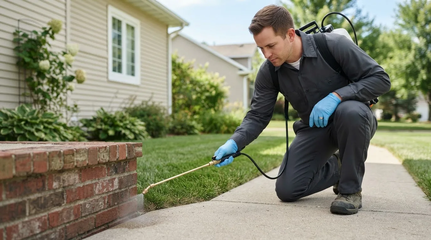Pest control technician treating a home near Rewey, WI