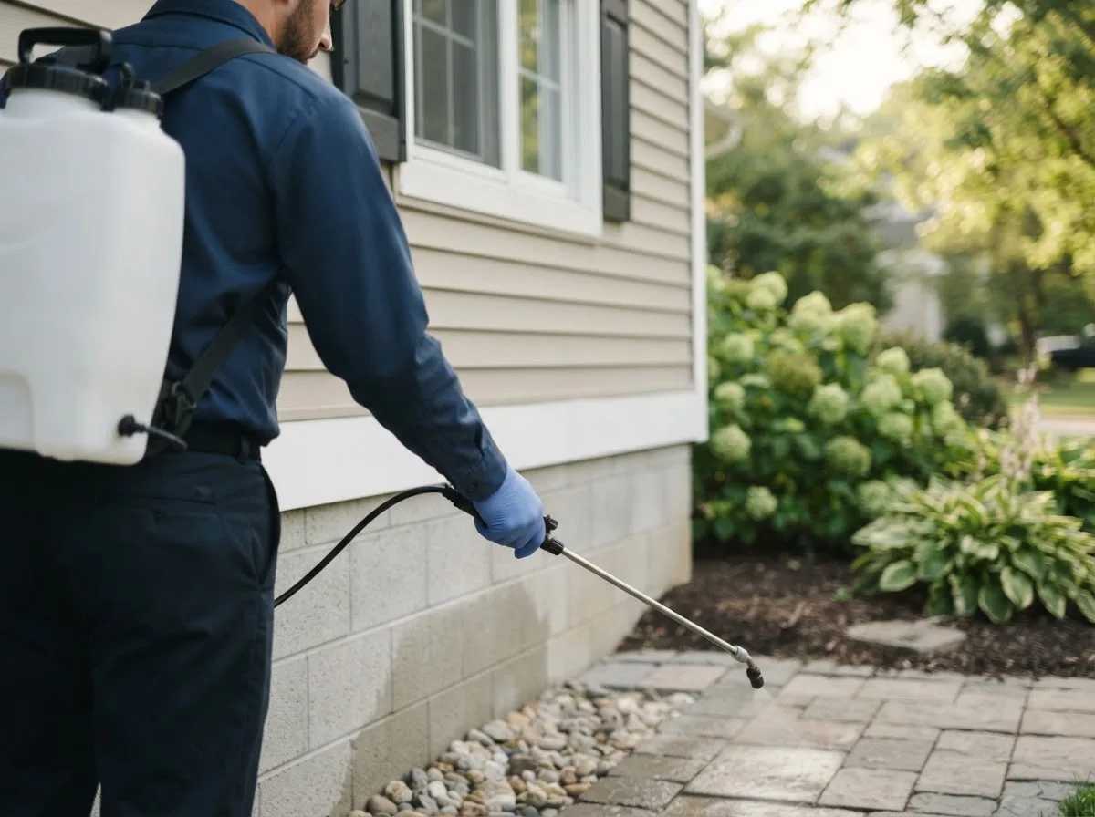 Pest control technician inspecting a home in Rewey, WI